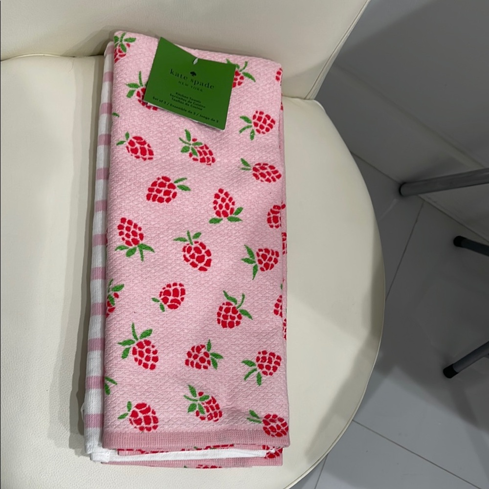 Kate Spade Set of 3 Pink/Red/Green "Berries" $ "Stripes" Kitchen Towels